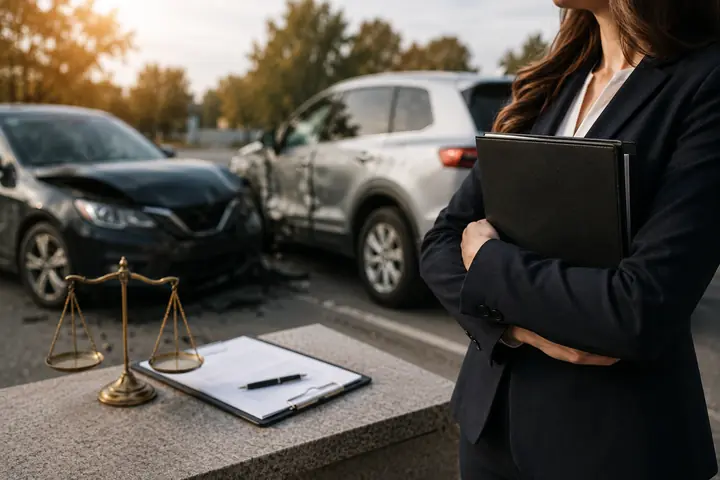 Lawyer holding a folder beside scales and a clipboard, two damaged cars behind