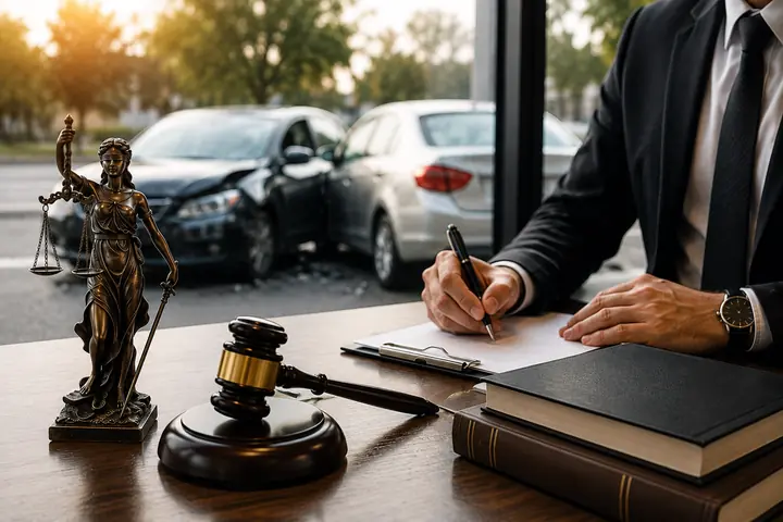 Lawyer signing papers at a desk with a justice statue and a gavel, damaged cars outside