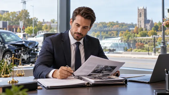 Lawyer reviewing photos of a crash in a binder at a desk by a window overlooking the river