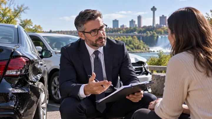 Lawyer in glasses kneeling with a clipboard beside a woman next to a damaged car near the falls