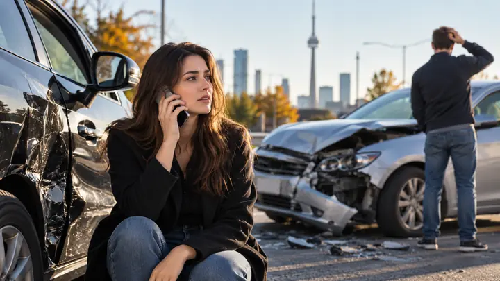 Woman on the phone sitting by a damaged car, a man holding his head and the CN Tower behind
