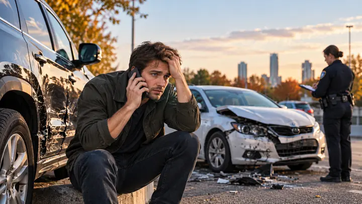 Driver on the phone holding his head as a police officer writes notes beside a damaged car