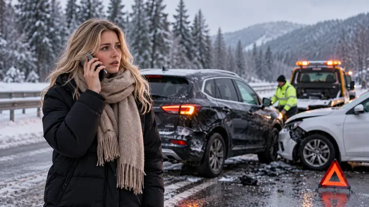 Woman on the phone at a winter crash scene with a tow truck and a warning triangle