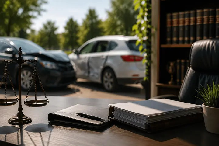 Scales of justice and papers on a desk, two cars damaged in a collision outside the window