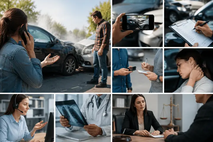 Collage of steps after a crash: calling for help, taking photos, writing notes, a neck injury, an insurer call, an X-ray and a lawyer meeting
