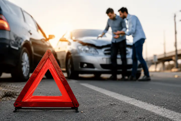 Red warning triangle on the road while two drivers check the damage to their cars