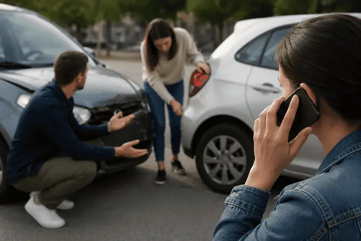 Driver checking a dent while another looks at a broken taillight and a third person makes a phone call