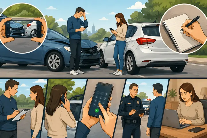 Illustration of steps after a minor crash: photos, notes, exchanging details, calling, talking to police and filing online