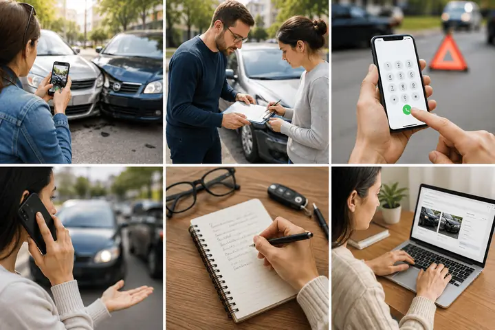 Collage of a minor crash: photographing the cars, exchanging details, calling, writing notes and filing online