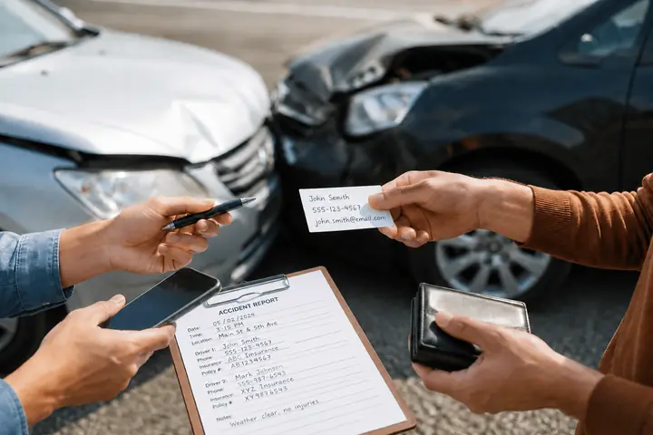 Drivers exchanging a card with a name and phone number over an accident report clipboard