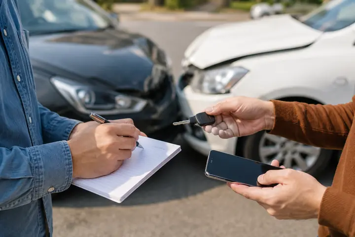 One driver writing down details while the other hands over a phone and car keys