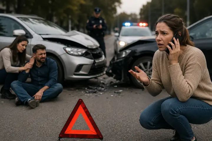 Woman calling for help while a man sits injured by damaged cars and a police officer approaches