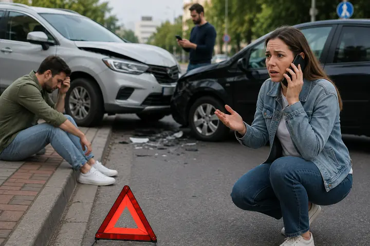 Woman on the phone crouching by a warning triangle while an injured man sits on the curb