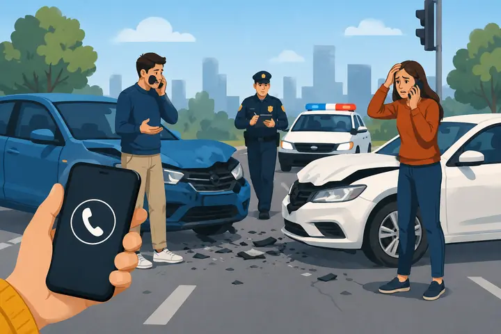 Illustration of two drivers on their phones beside damaged cars as a police officer arrives